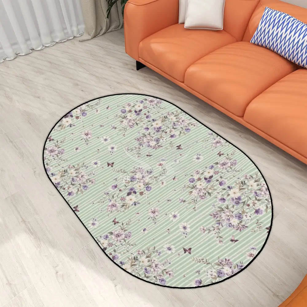Pastel Green and Lavender Floral Wallpaper Multiple Sizes Oval Area Rug Rugs & Mats
