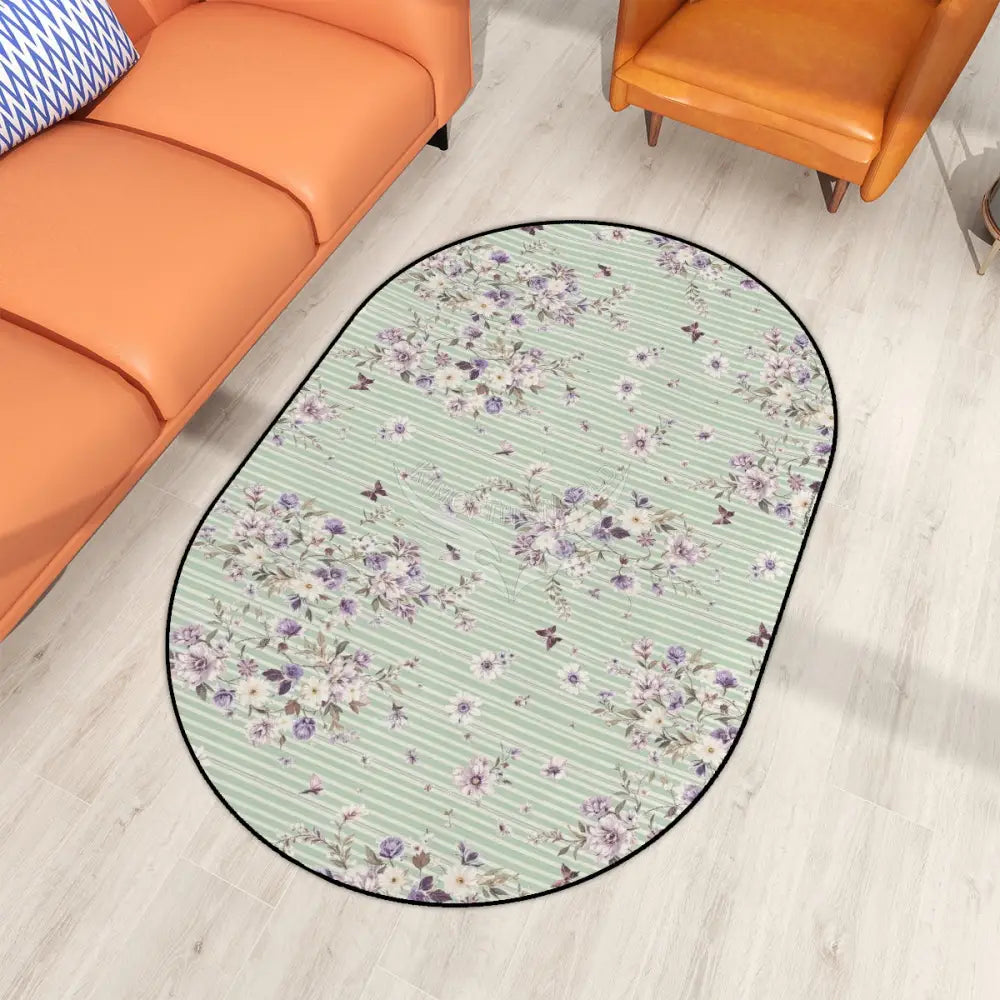 Pastel Green and Lavender Floral Wallpaper Multiple Sizes Oval Area Rug Rugs & Mats