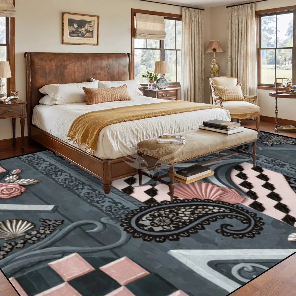 Patchwork Teal and Pink with Checkerboard = Large Area Rug Floor Carpet (4:3) 144’’x108’’ Rugs & Mats