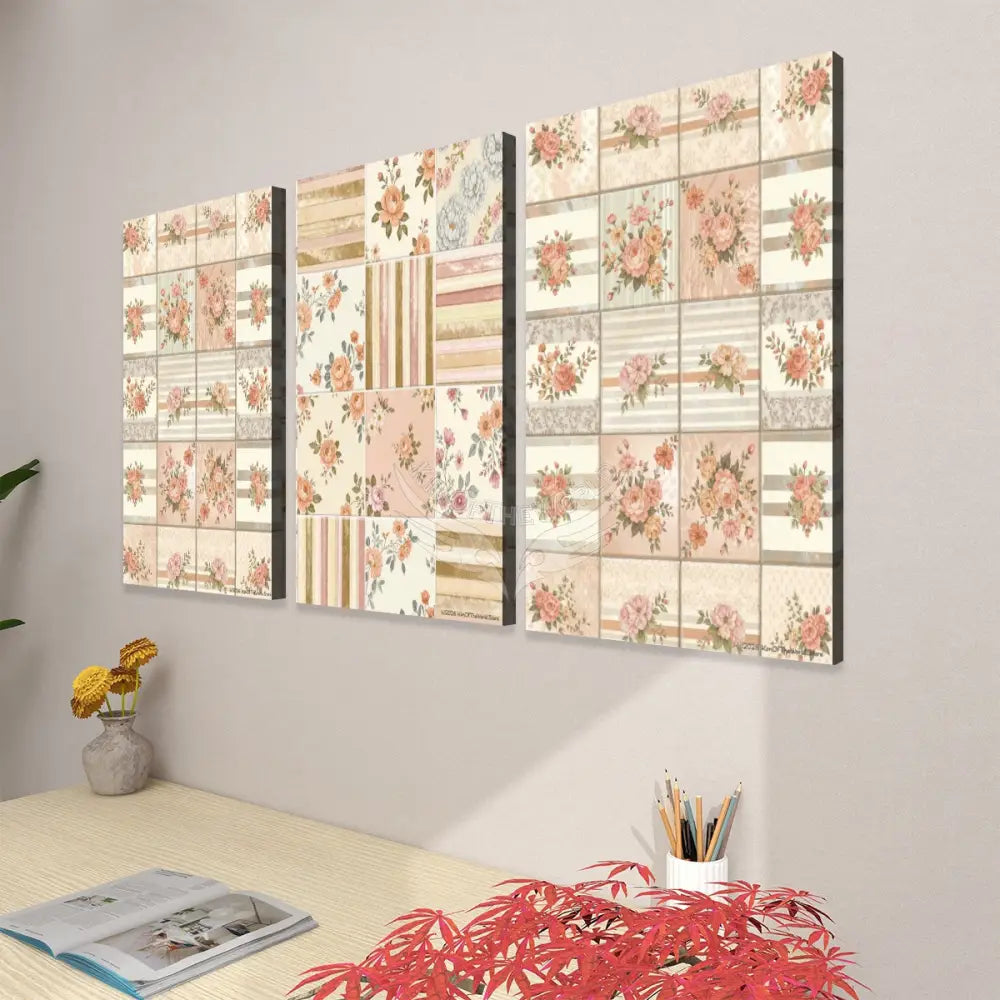 Peach Checks Home Decor 3 Panels Canvas Prints Wall Art (Set F) 20’’x32’’x3pcs Wall Art