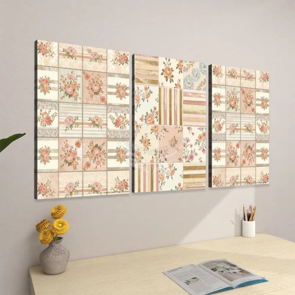 Peach Checks Home Decor 3 Panels Canvas Prints Wall Art (Set F) 20’’x32’’x3pcs Wall Art