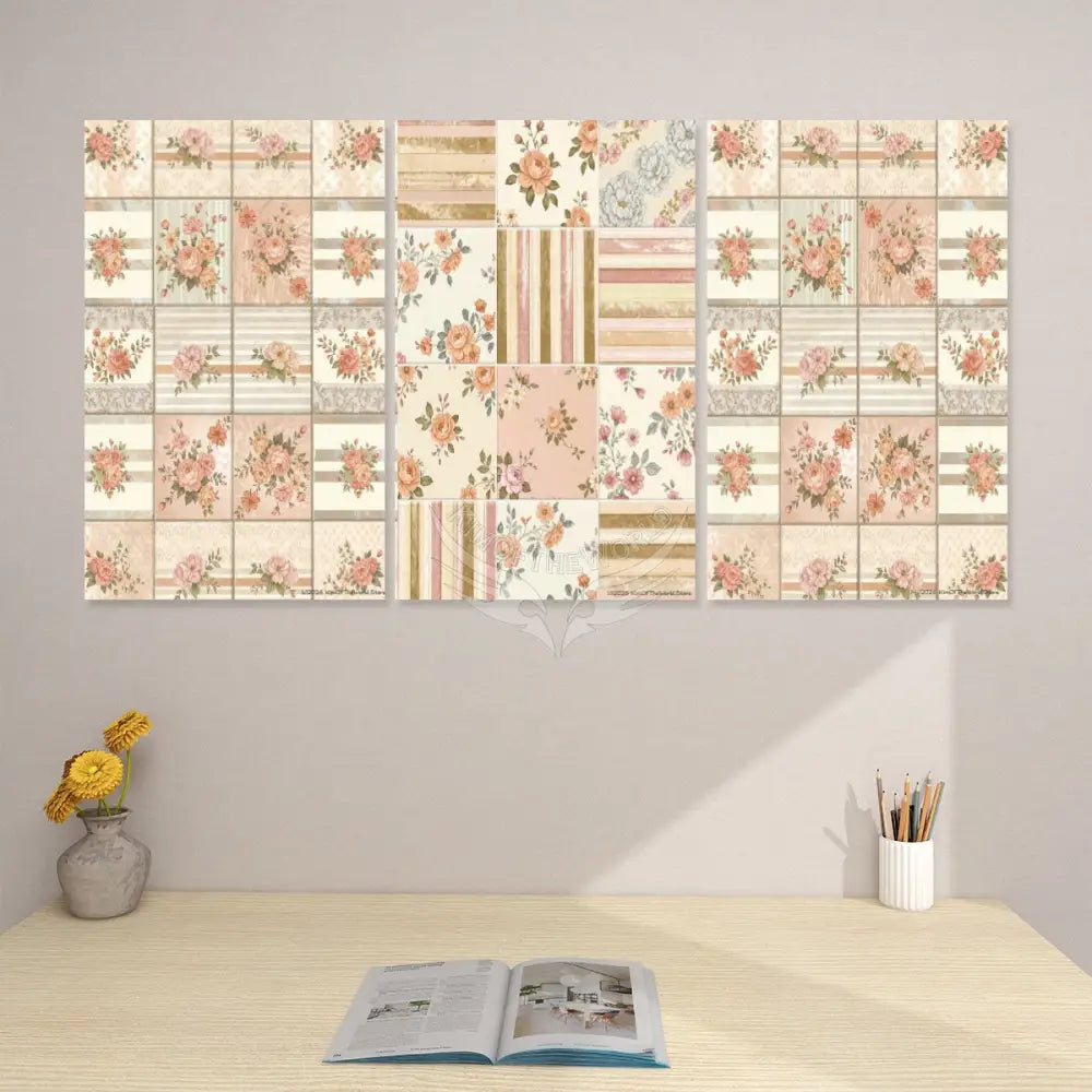 Peach Checks Home Decor 3 Panels Canvas Prints Wall Art (Set F) 20’’x32’’x3pcs Wall Art
