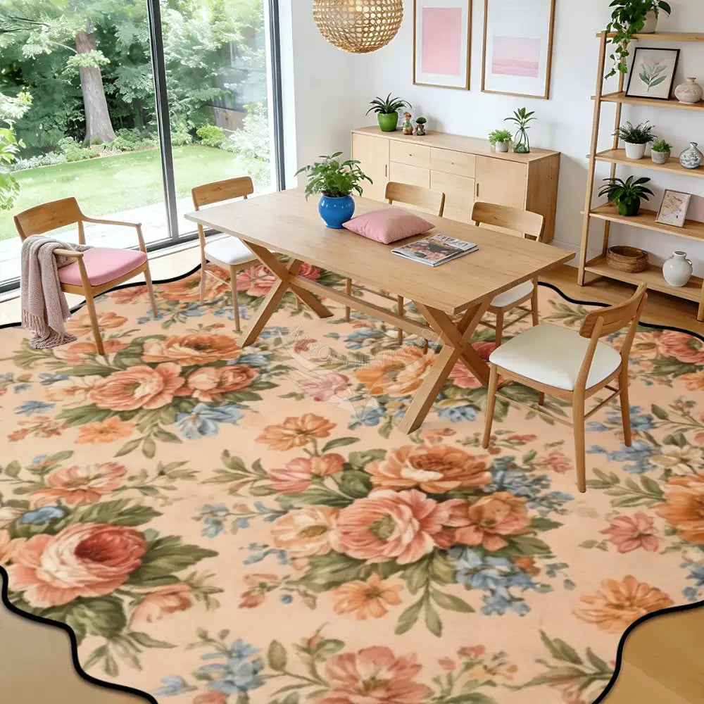 Peach Floral Bouquet Scalloped Area Rug 120’’x96’’ 120’’x96’’ Rugs & Mats