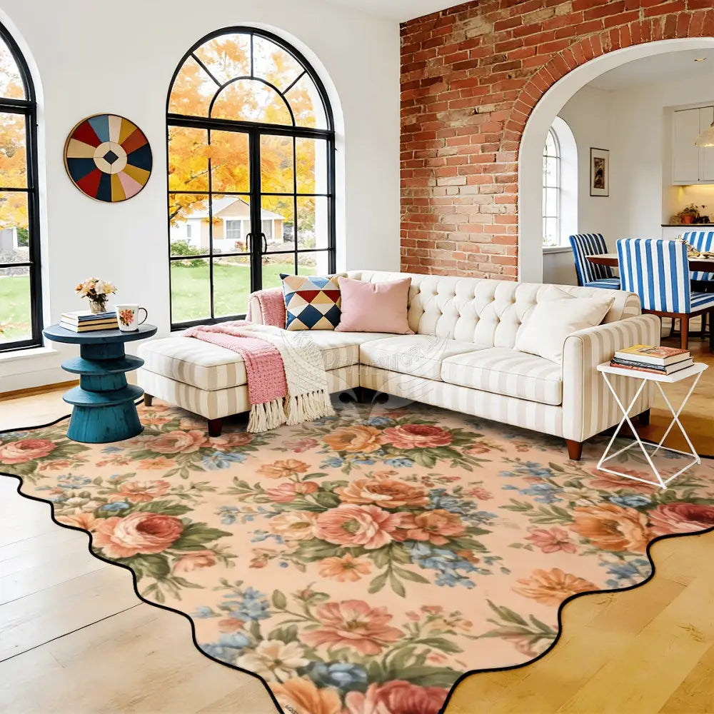 Peach Floral Bouquet Scalloped Area Rug 120’’x96’’ 120’’x96’’ Rugs & Mats