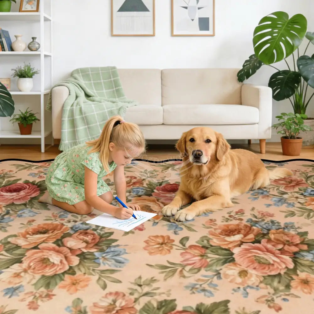 Peach Floral Bouquet Scalloped Area Rug 120’’x96’’ 120’’x96’’ Rugs & Mats