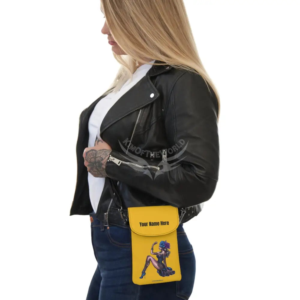 Personalized or Not Gold Pin-Up Rose Girl Cell Phone Wallet — Small Crossbody Phone Purse 7.5’’ × 4.9’’ × 1’’ Bags