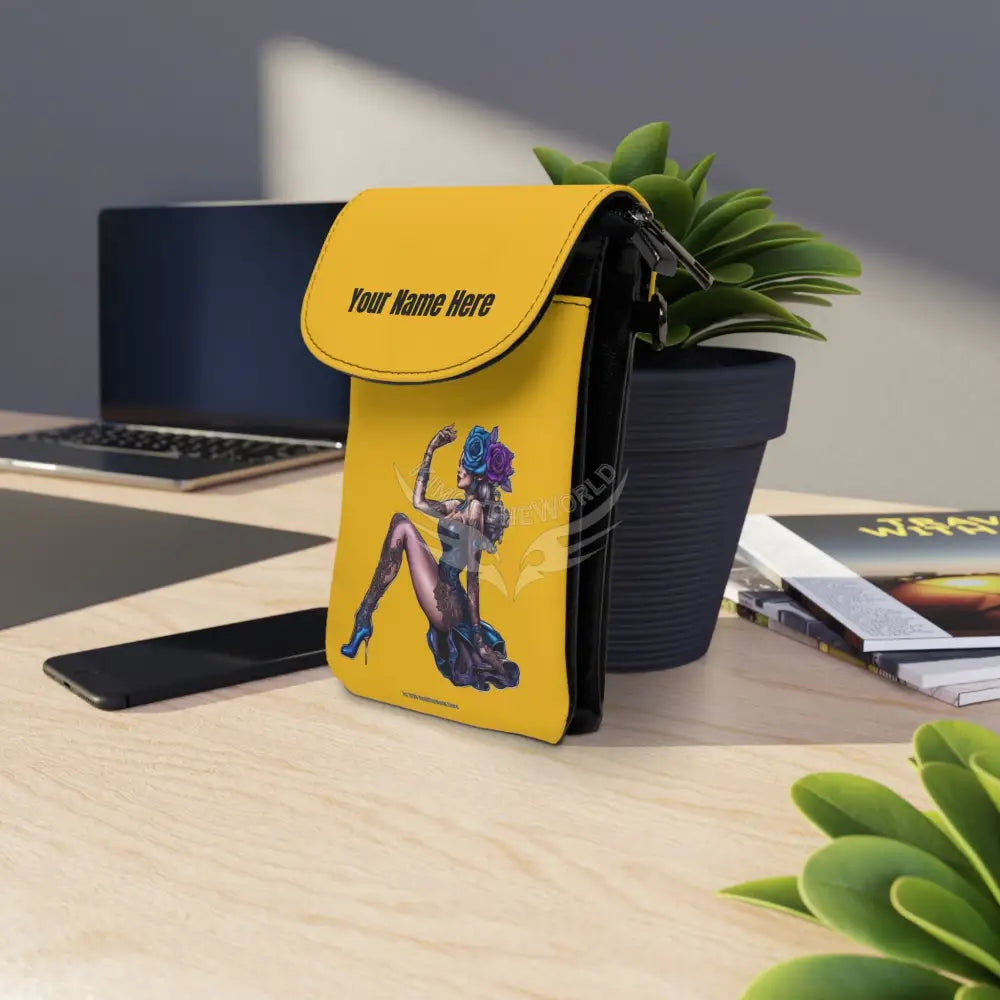 Personalized or Not Gold Pin-Up Rose Girl Cell Phone Wallet — Small Crossbody Phone Purse 7.5’’ × 4.9’’ × 1’’ Bags