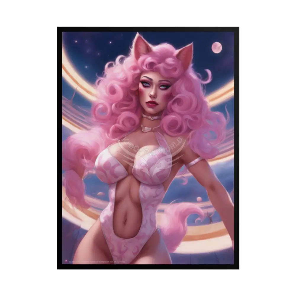Pink Cat Lady Cosplay Girl Rolled Posters — Sexy Seductive Wall Art - AI Girlfriend 18″ x 24″ (Vertical) / Matte Poster