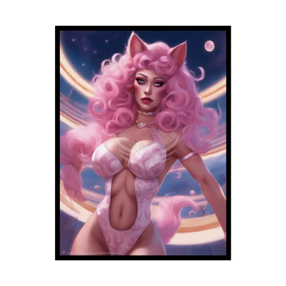Pink Cat Lady Cosplay Girl Rolled Posters — Sexy Seductive Wall Art - AI Girlfriend 18″ x 24″ (Vertical) / Semi Glossy