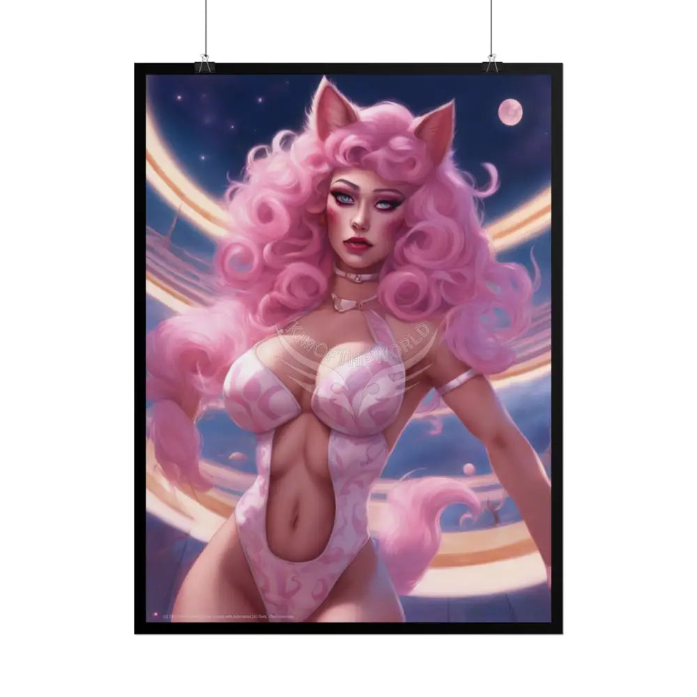 Pink Cat Lady Cosplay Girl Rolled Posters — Sexy Seductive Wall Art - AI Girlfriend Poster