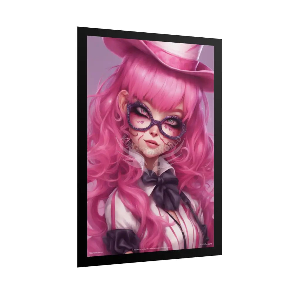 ’Pink Ladies’ Anime Cartoon Character Colorful Cat Lady Cosplay Portrait — Playful Art Print Pushing Pink Hair Poster