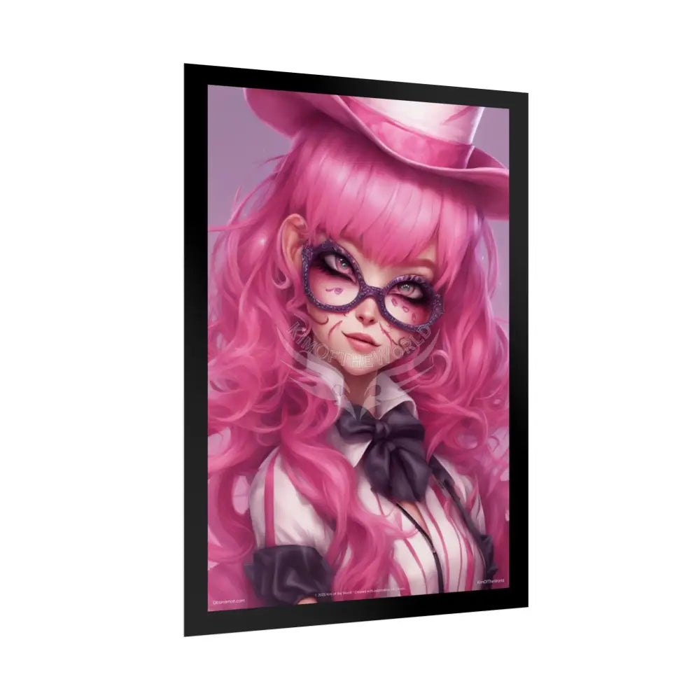 ’Pink Ladies’ Anime Cartoon Character Colorful Cat Lady Cosplay Portrait — Playful Art Print Pushing Pink Hair Poster