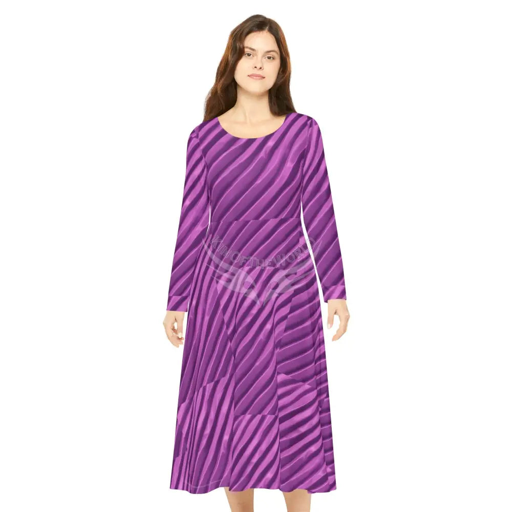 Pink Satin Strip Wallpaper Print Dress – Women’s Long Sleeve AOP L All Over Prints