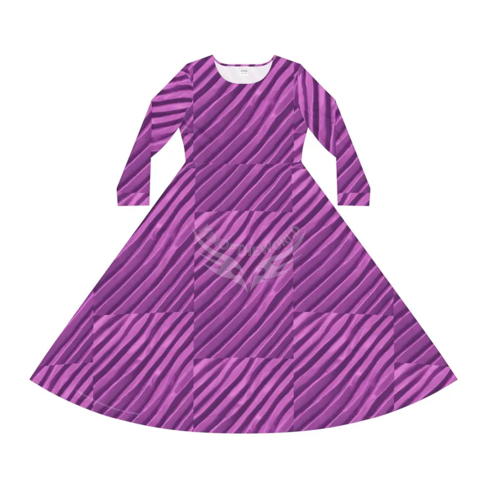 Pink Satin Strip Wallpaper Print Dress – Women’s Long Sleeve AOP L All Over Prints