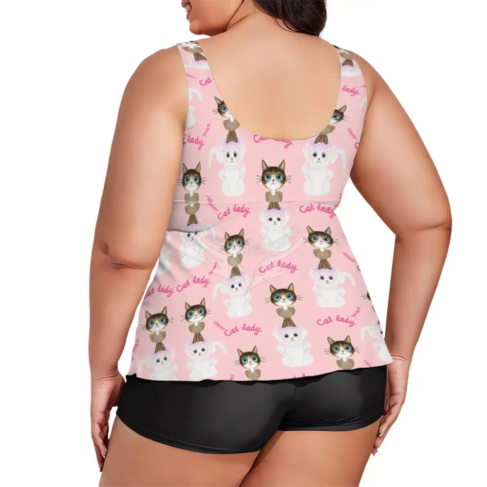 Plus Size Two Piece Swimsuit for Women - Cat Lady Baby Pink Print Women’s Swimwear