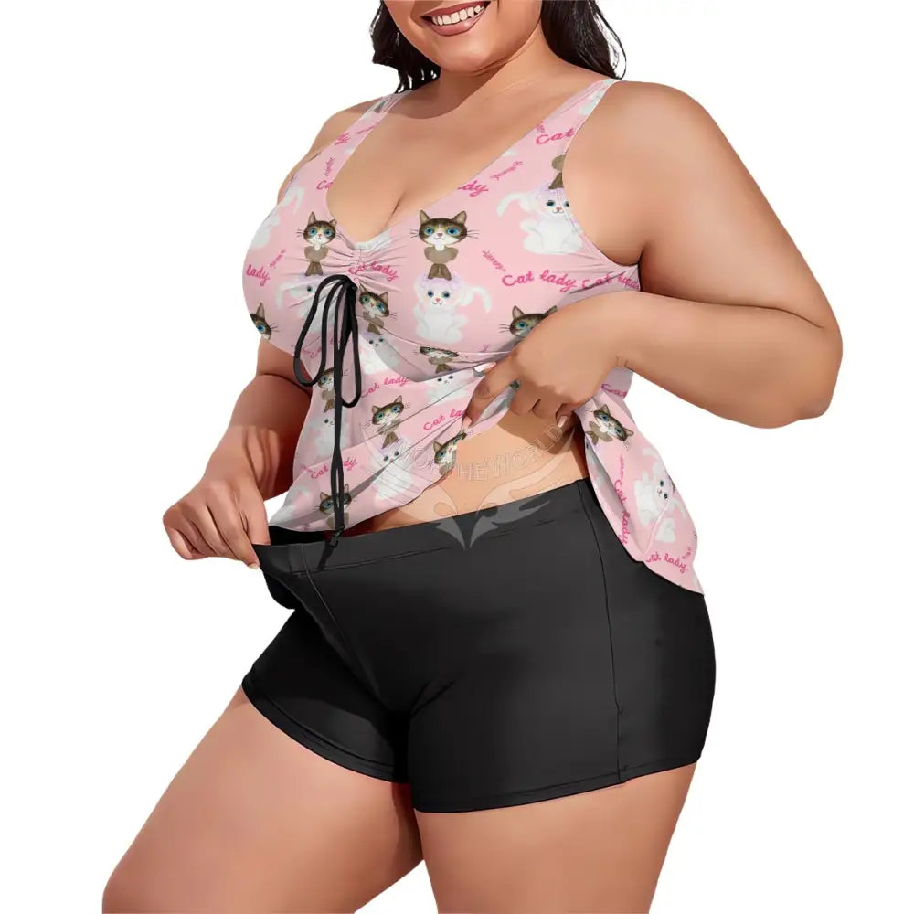 Plus Size Two Piece Swimsuit for Women - Cat Lady Baby Pink Print Women’s Swimwear