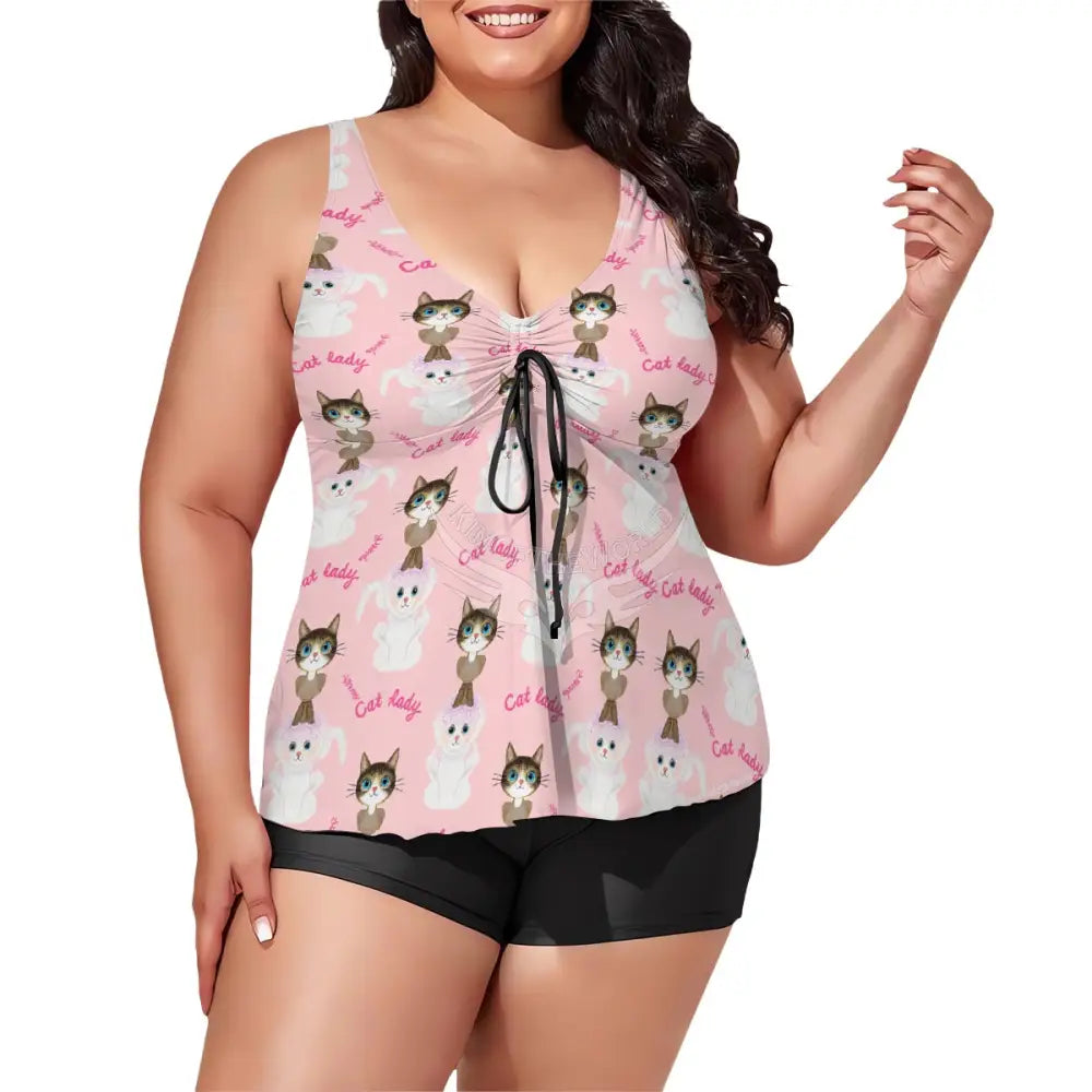 Plus Size Two Piece Swimsuit for Women - Cat Lady Baby Pink Print Women’s Swimwear
