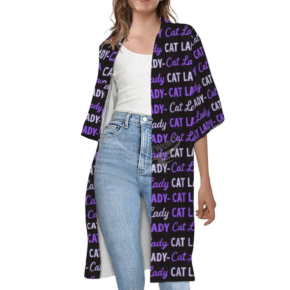 Purple Cat Lady Print Long Cardigan Short Sleeve Cape S Women’s T-shirts