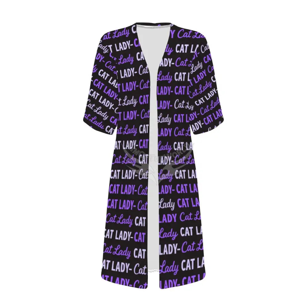 Purple Cat Lady Print Long Cardigan Short Sleeve Cape Women’s T-shirts