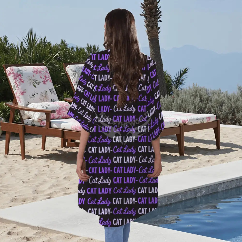 Purple Cat Lady Print Long Cardigan Short Sleeve Cape Women’s T-shirts