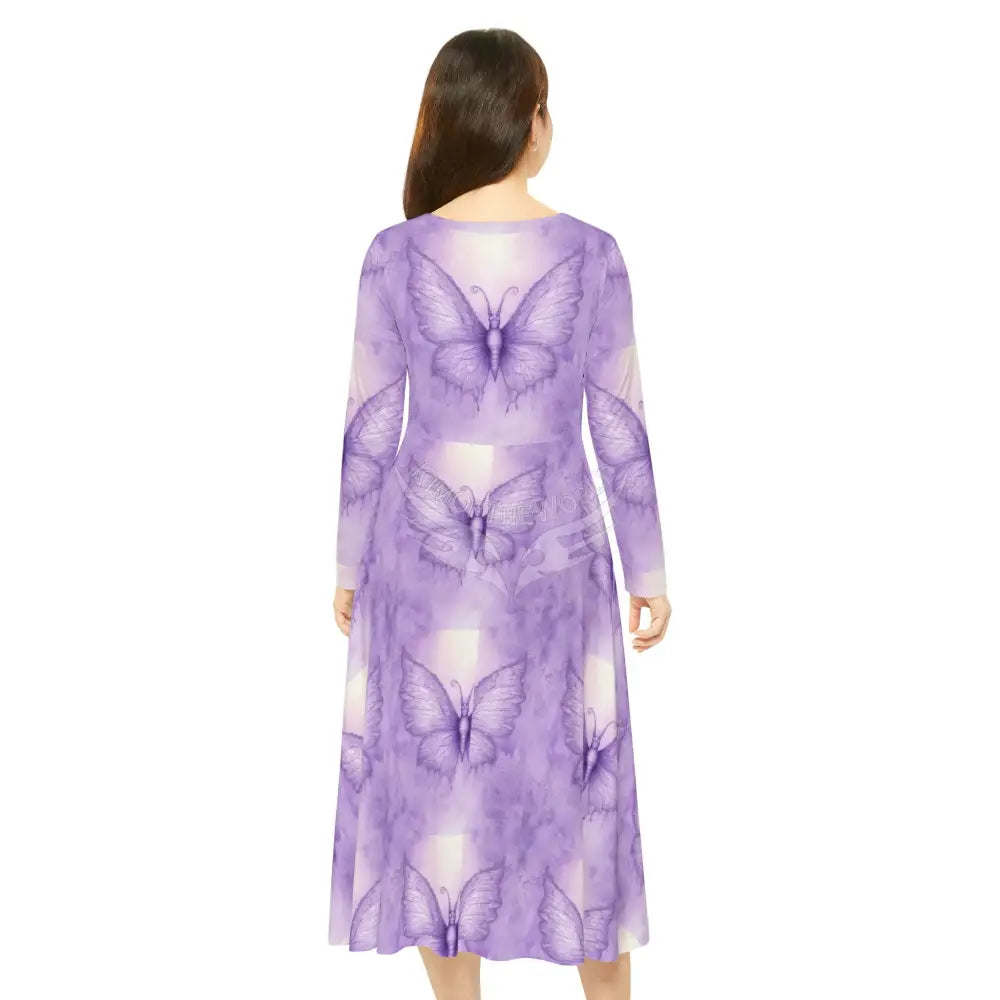 Purple Soft Butterfly Tile Wallpaper Print Dress – Women’s Long Sleeve AOP L All Over Prints