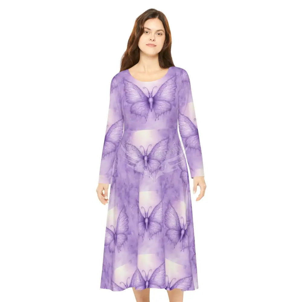 Purple Soft Butterfly Tile Wallpaper Print Dress – Women’s Long Sleeve AOP L All Over Prints
