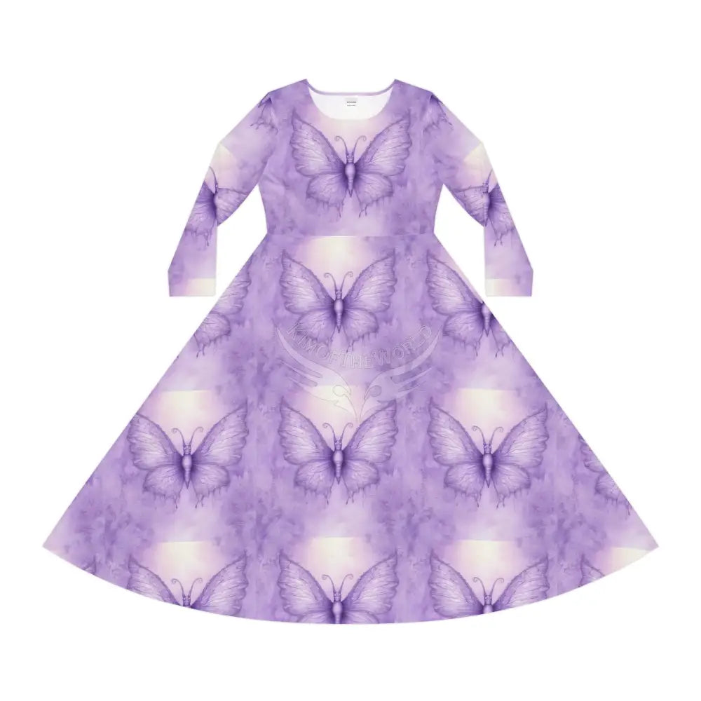 Purple Soft Butterfly Tile Wallpaper Print Dress – Women’s Long Sleeve AOP L All Over Prints