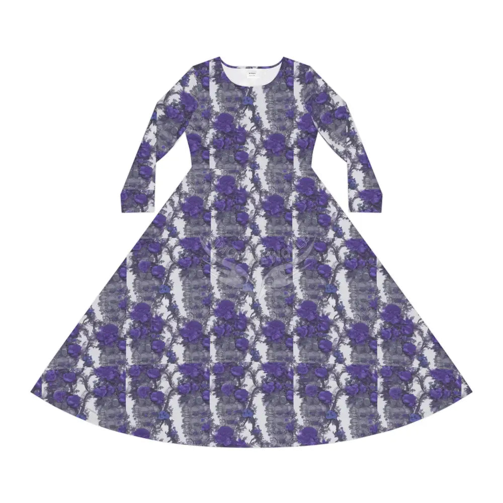 Purple White and Grey Floral Color Pin Stripe Wallpaper Print Dress – Women’s Long Sleeve AOP L All Over Prints