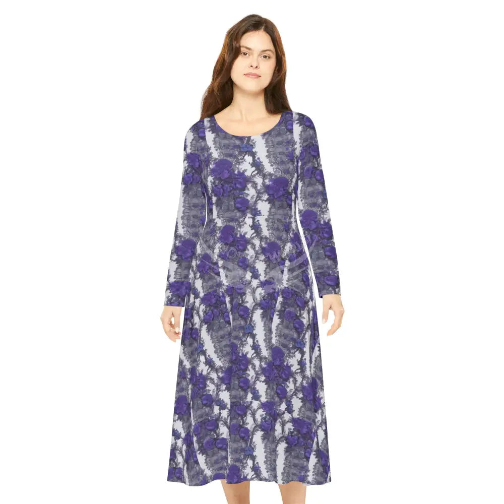 Purple White and Grey Floral Color Pin Stripe Wallpaper Print Dress – Women’s Long Sleeve AOP L All Over Prints