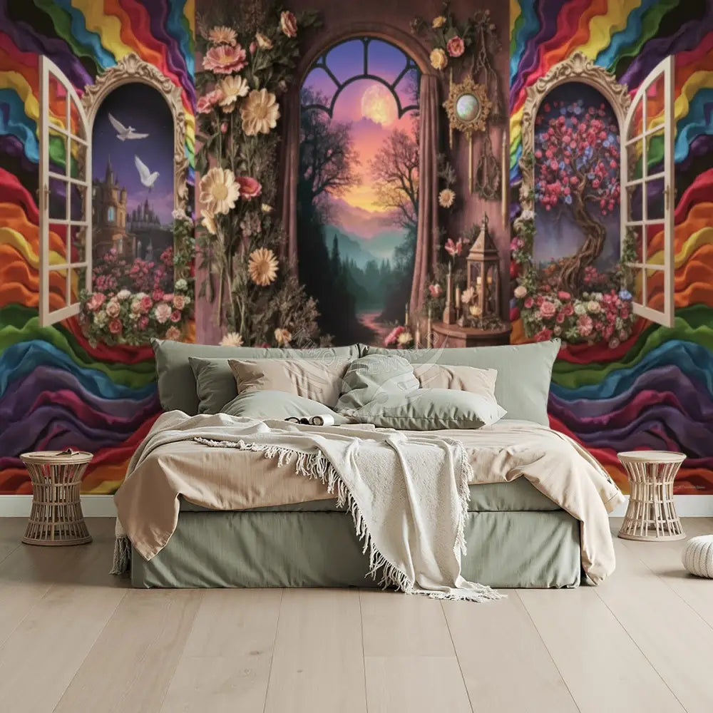 Rainbow Ribbon 3D Floral Wall Unpasted Mural Wallpaper 144’’x100’’ - 144’’x100’’ - Wall Coverings
