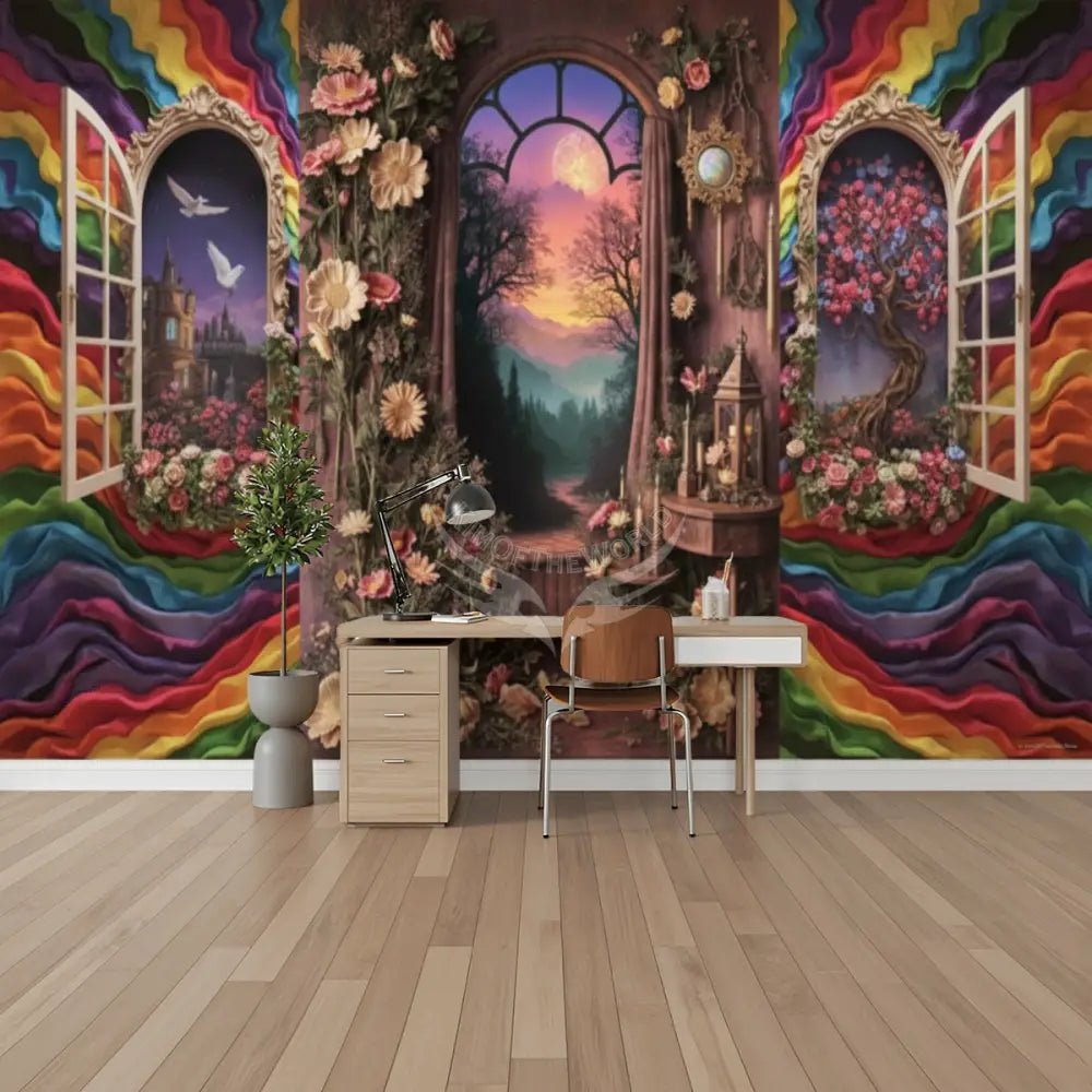 Rainbow Ribbon 3D Floral Wall Unpasted Mural Wallpaper 144’’x100’’ - 144’’x100’’ - Wall Coverings