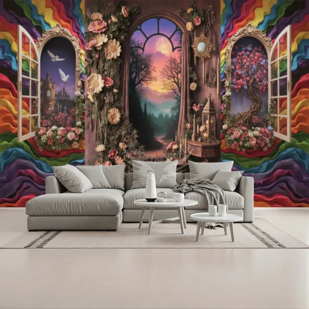 Rainbow Ribbon 3D Floral Wall Unpasted Mural Wallpaper 144’’x100’’ - 144’’x100’’ - Wall Coverings