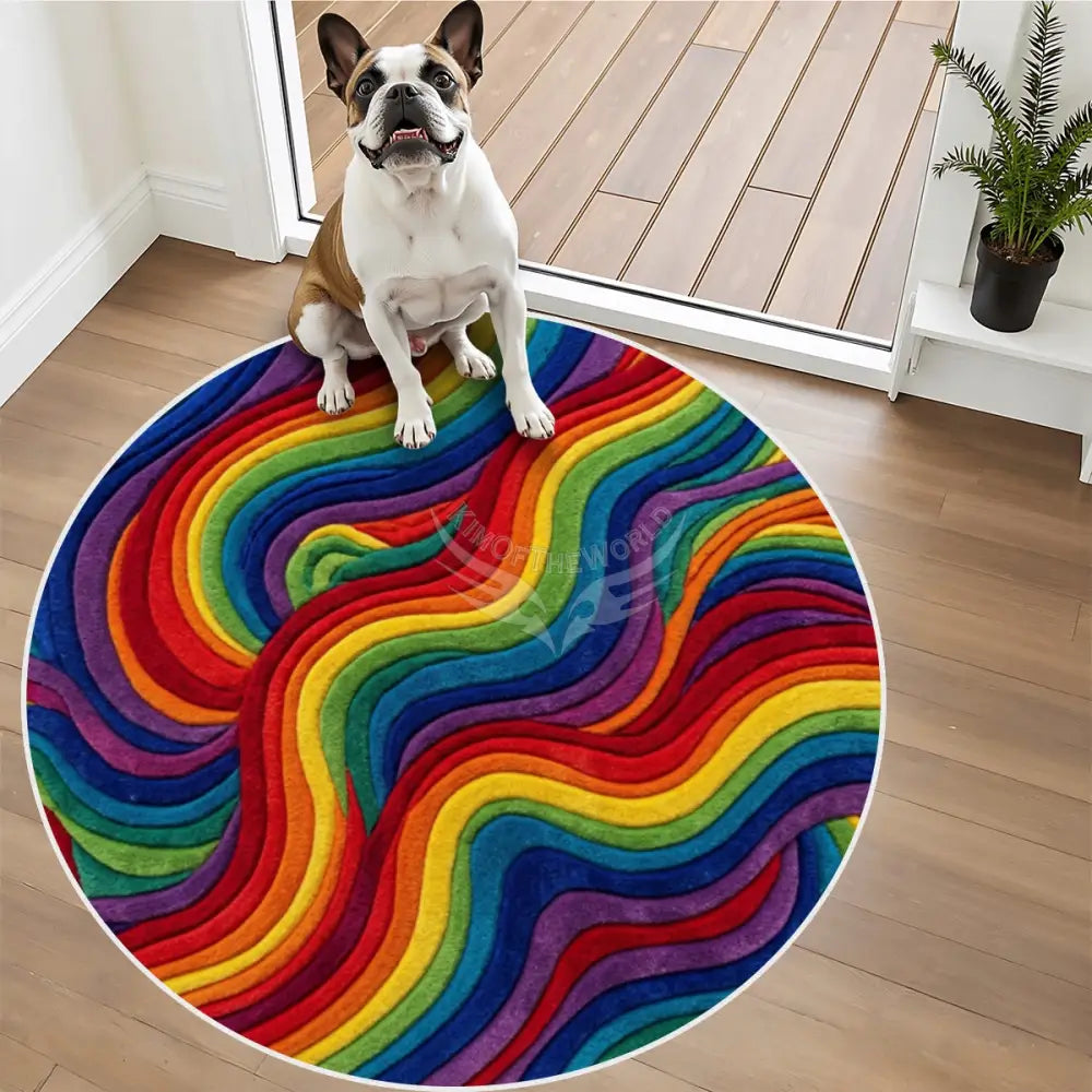 Rainbow Swirl Soft Round Area Rug with White Border - Rugs & Mats