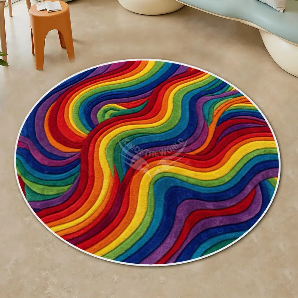Rainbow Swirl Soft Round Area Rug with White Border - Rugs & Mats