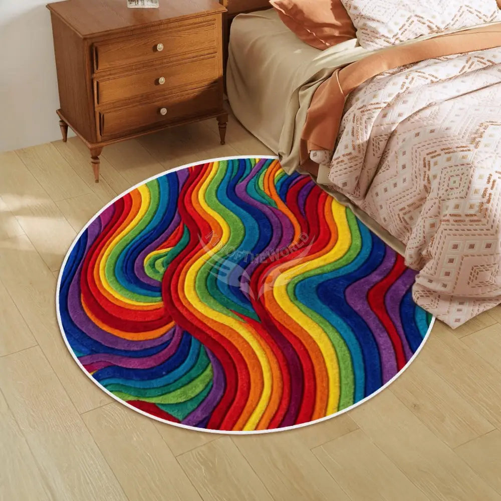 Rainbow Swirl Soft Round Area Rug with White Border - Rugs & Mats