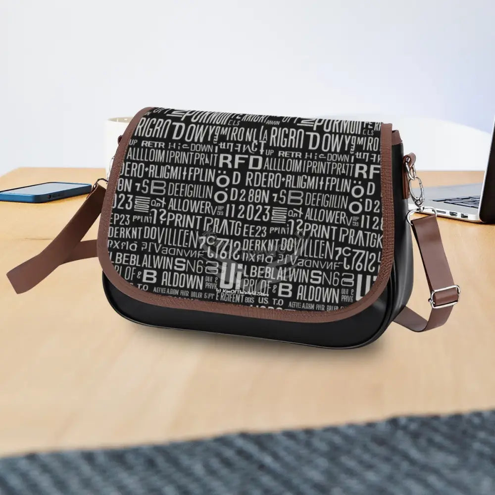 Random Text Print Black and White Leather Shoulder Bag One Size Satchel
