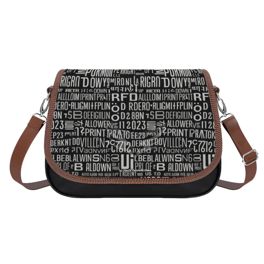 Random Text Print Black and White Leather Shoulder Bag One Size Satchel