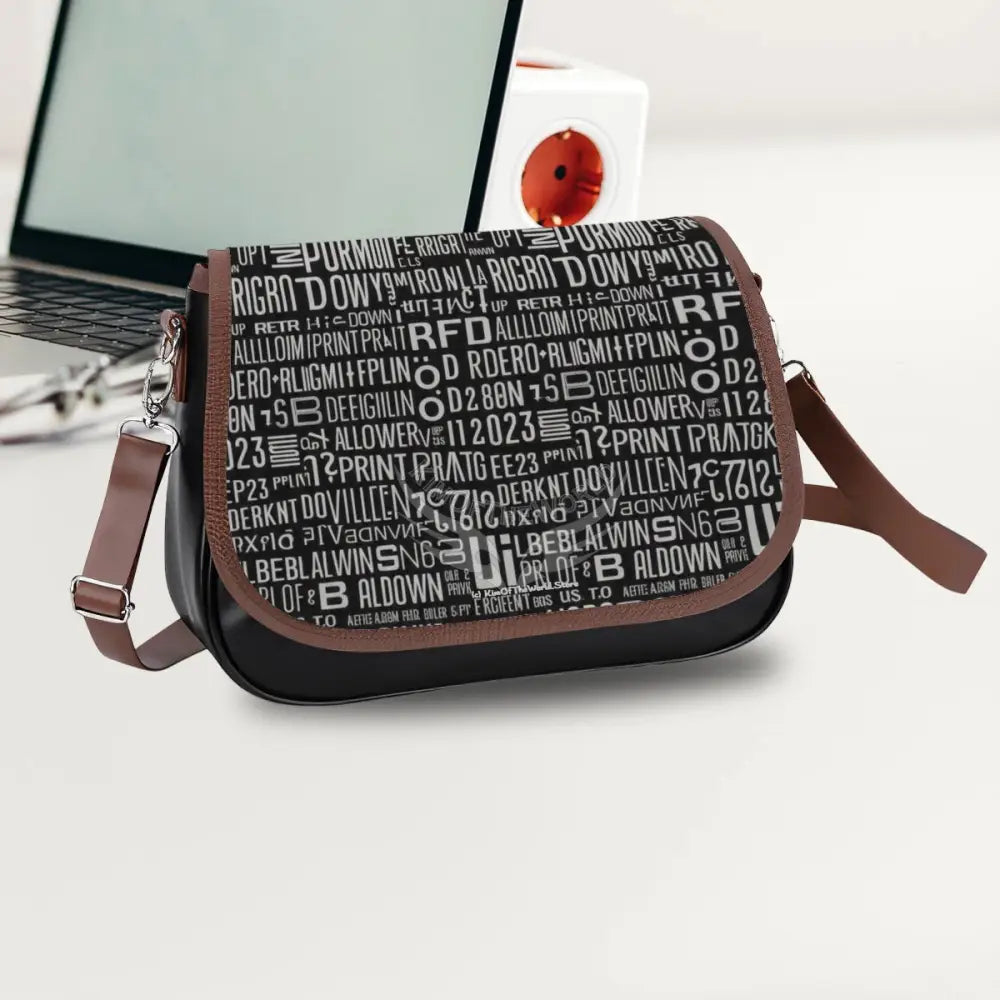 Random Text Print Black and White Leather Shoulder Bag One Size Satchel