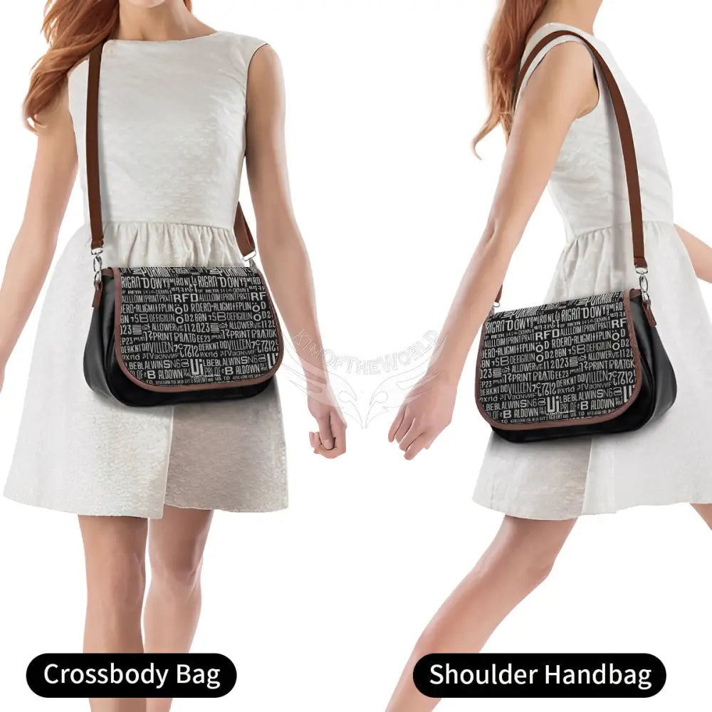 Random Text Print Black and White Leather Shoulder Bag One Size Satchel