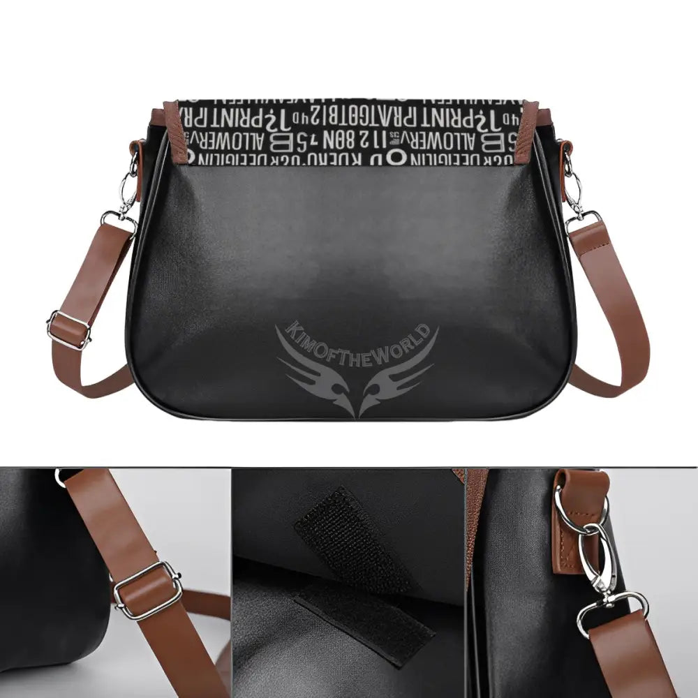Random Text Print Black and White Leather Shoulder Bag One Size Satchel