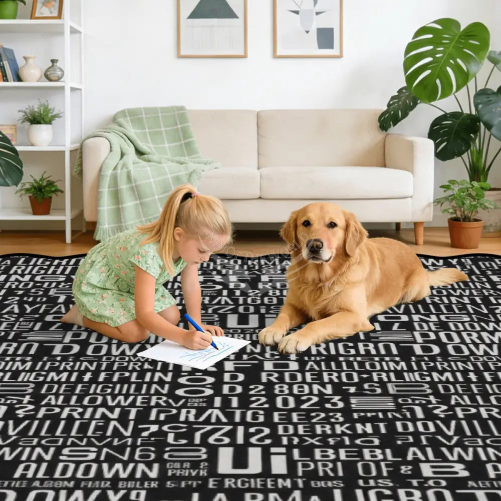 Random Text Print Black and White Scalloped Area Rug 120’’x96’’ 120’’x96’’ Rugs & Mats