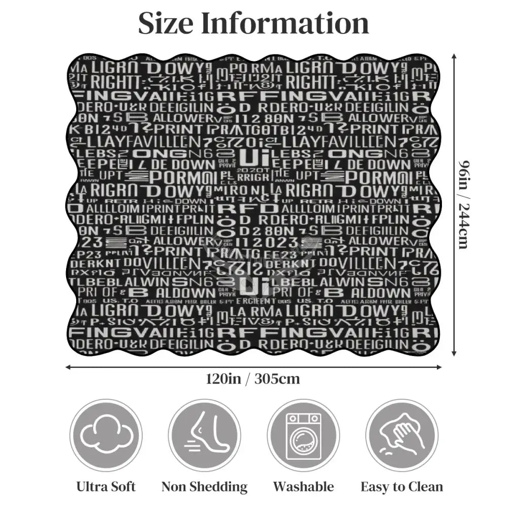 Random Text Print Black and White Scalloped Area Rug 120’’x96’’ 120’’x96’’ Rugs & Mats