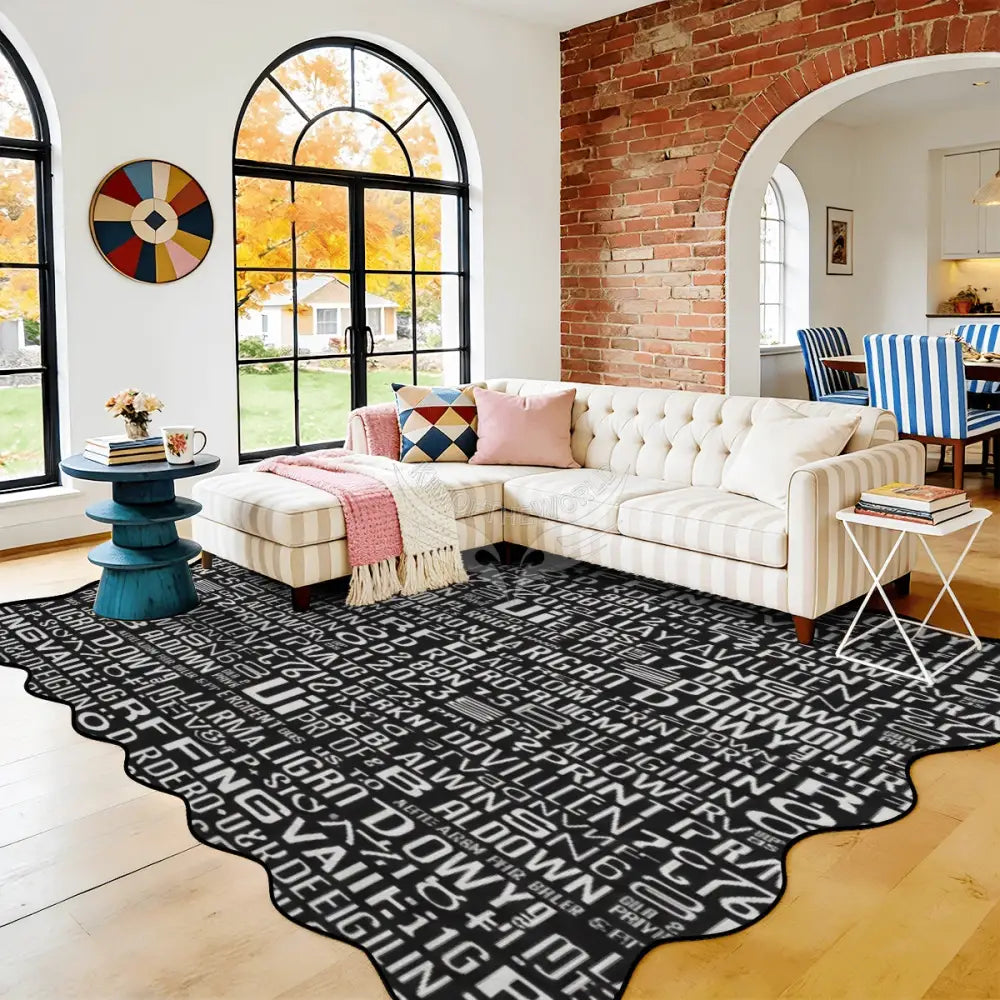 Random Text Print Black and White Scalloped Area Rug 120’’x96’’ 120’’x96’’ Rugs & Mats