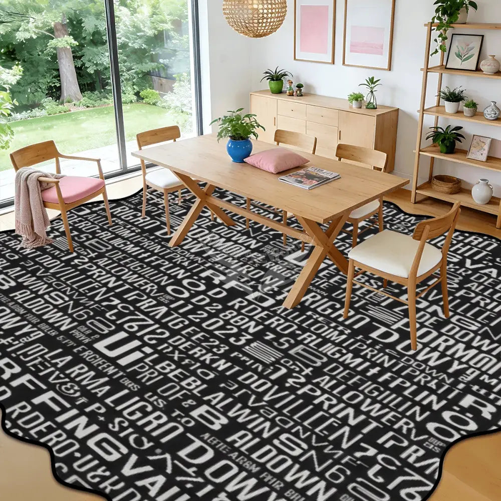 Random Text Print Black and White Scalloped Area Rug 120’’x96’’ 120’’x96’’ Rugs & Mats