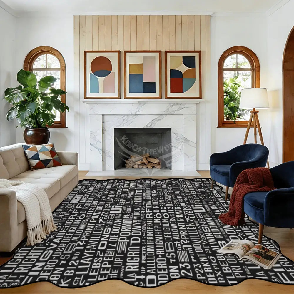 Random Text Print Black and White Scalloped Area Rug 120’’x96’’ 120’’x96’’ Rugs & Mats