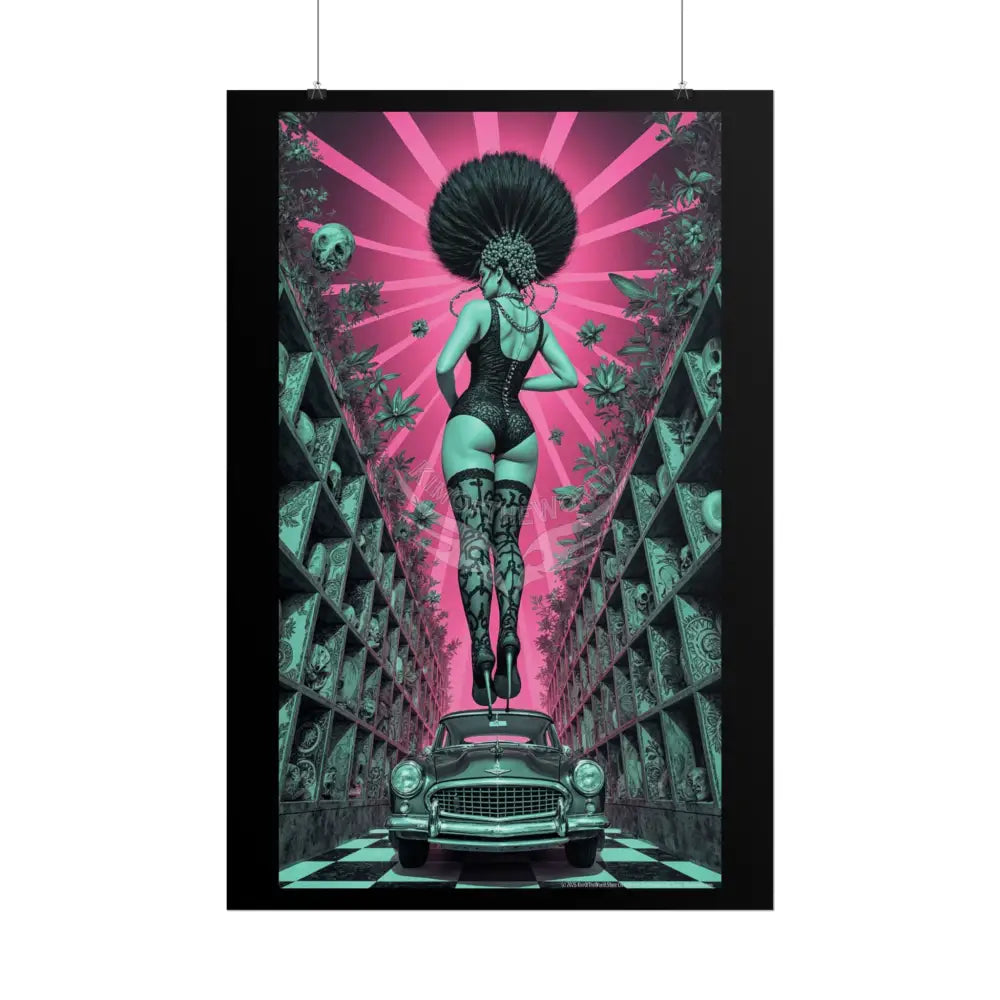 ’Rear View’ Funky Hairstyle Sexy Woman on Car Art Print - Fantasy Girls Poster Poster