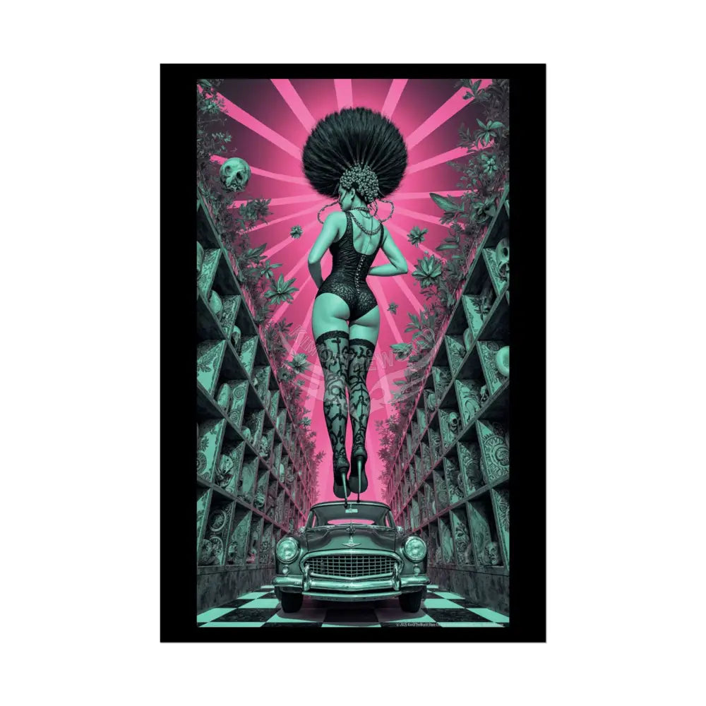 ’Rear View’ Funky Hairstyle Sexy Woman on Car Art Print - Fantasy Girls Poster 24’’ x 36’’ (Vertical) / Semi Glossy
