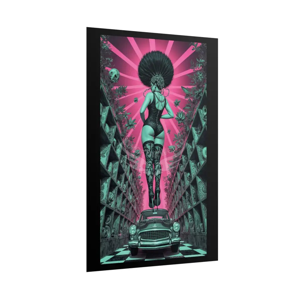 ’Rear View’ Funky Hairstyle Sexy Woman on Car Art Print - Fantasy Girls Poster Poster
