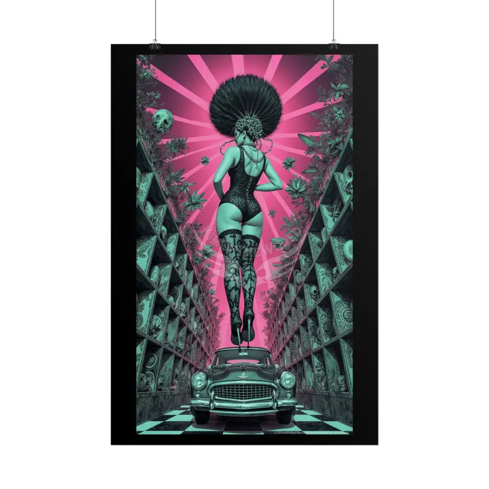 ’Rear View’ Funky Hairstyle Sexy Woman on Car Art Print - Fantasy Girls Poster Poster