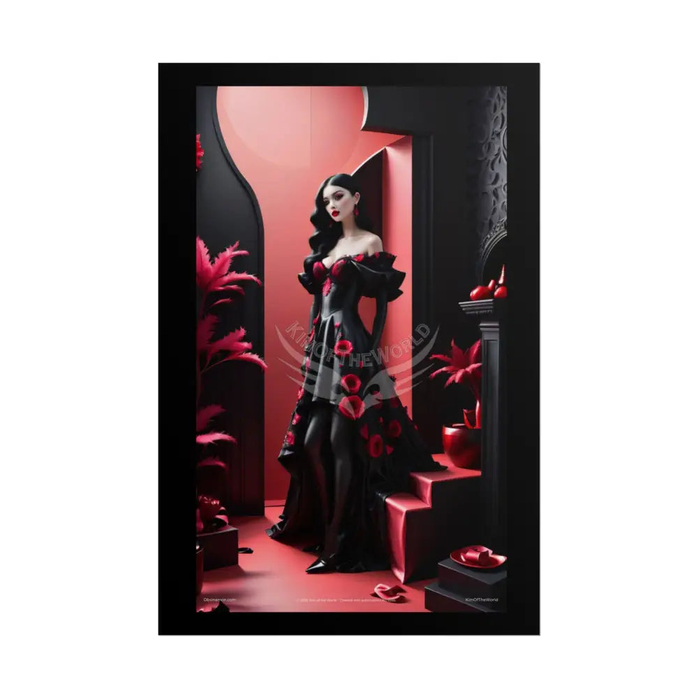 Red Light District Gothic Fashion Floral Lace Lady Woman Black & Red Satin 3D Moon Art Poster — Black & Red Fashion